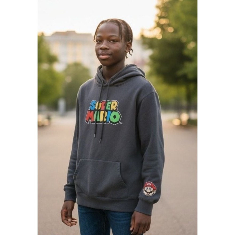 Nintendo Super Mario Graphic Logo Pullover Hoodie with Mario Patch - Picture 2 of 4